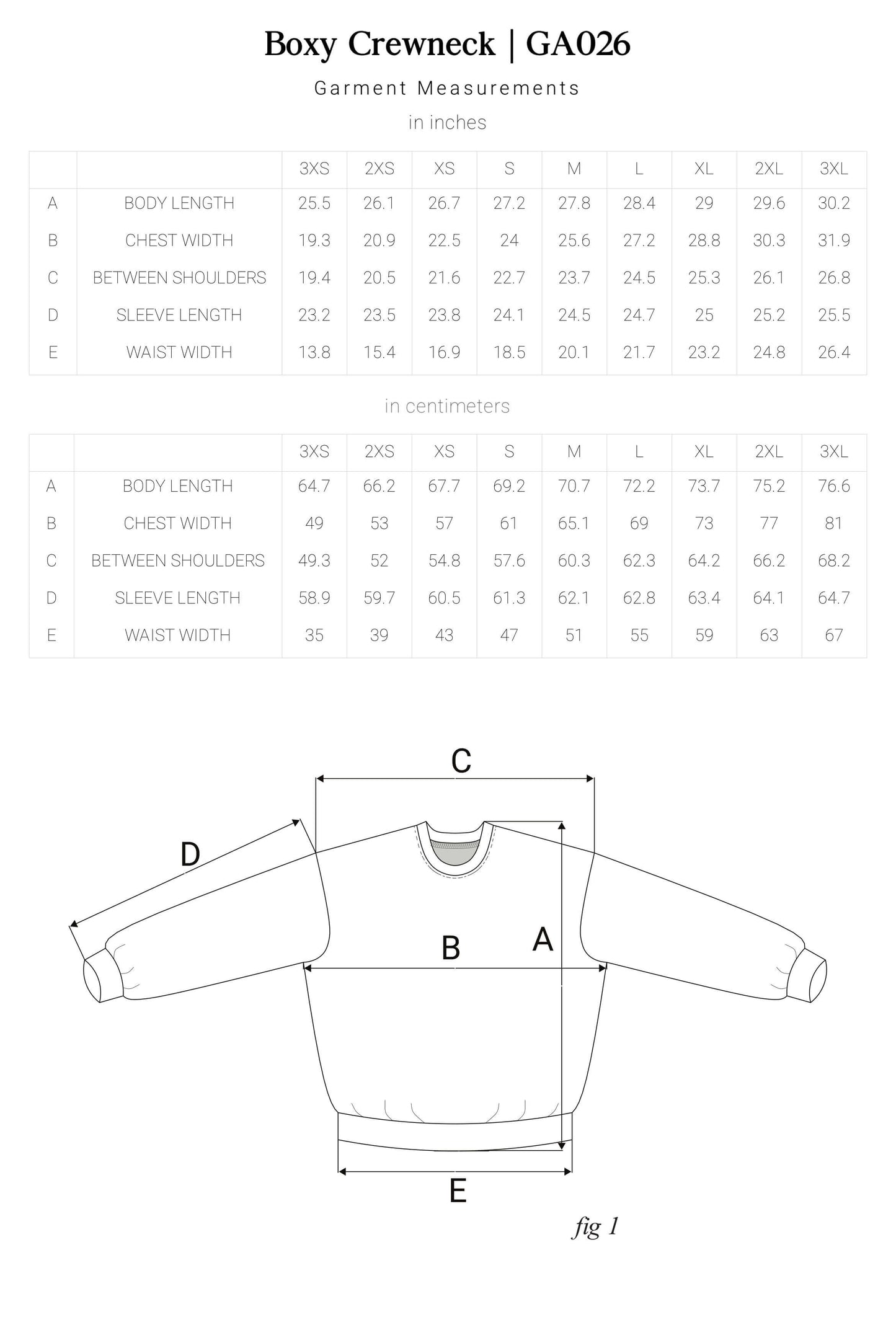 Boxy Crewneck Sizing Chart