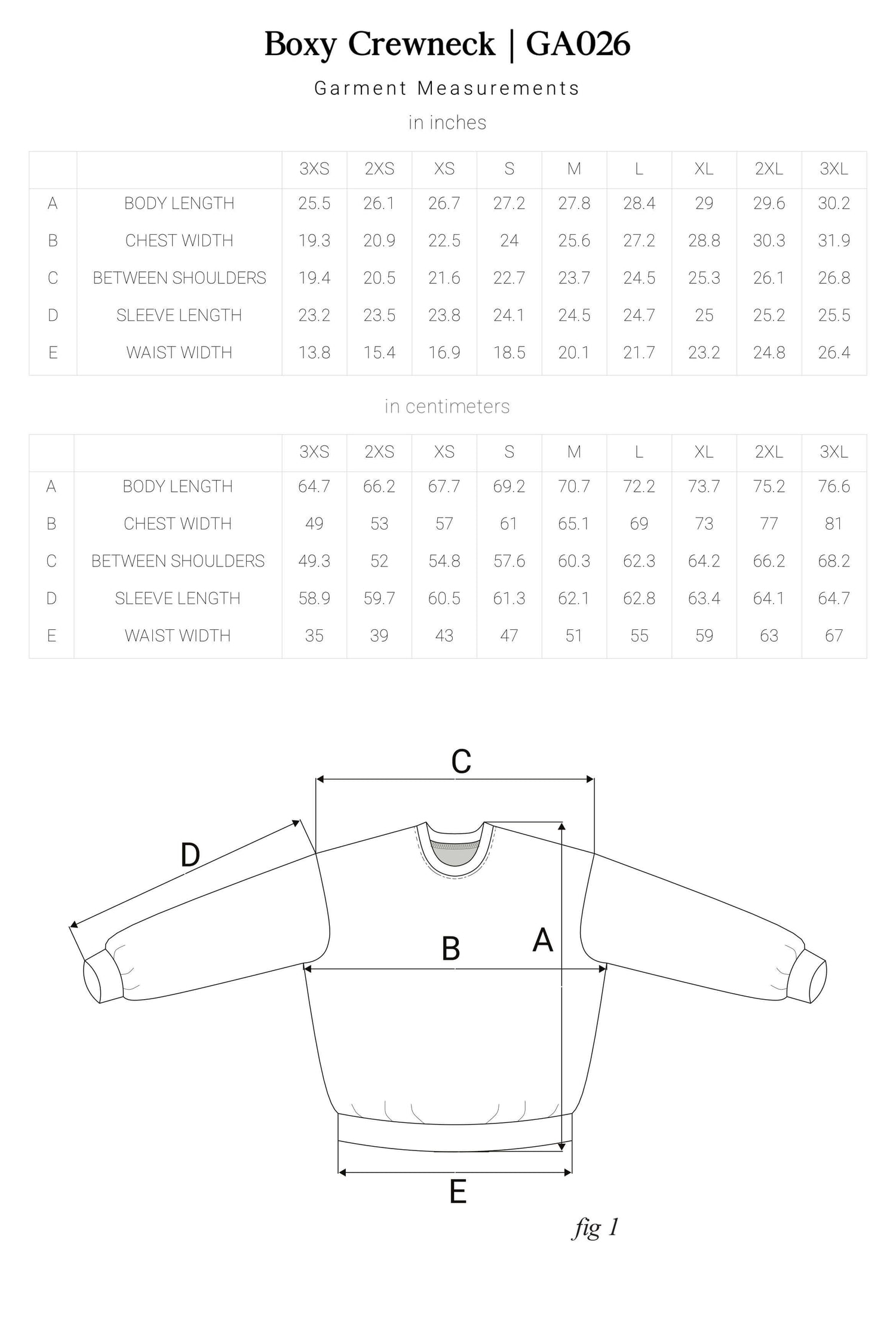 Boxy Crewneck Sizing Chart