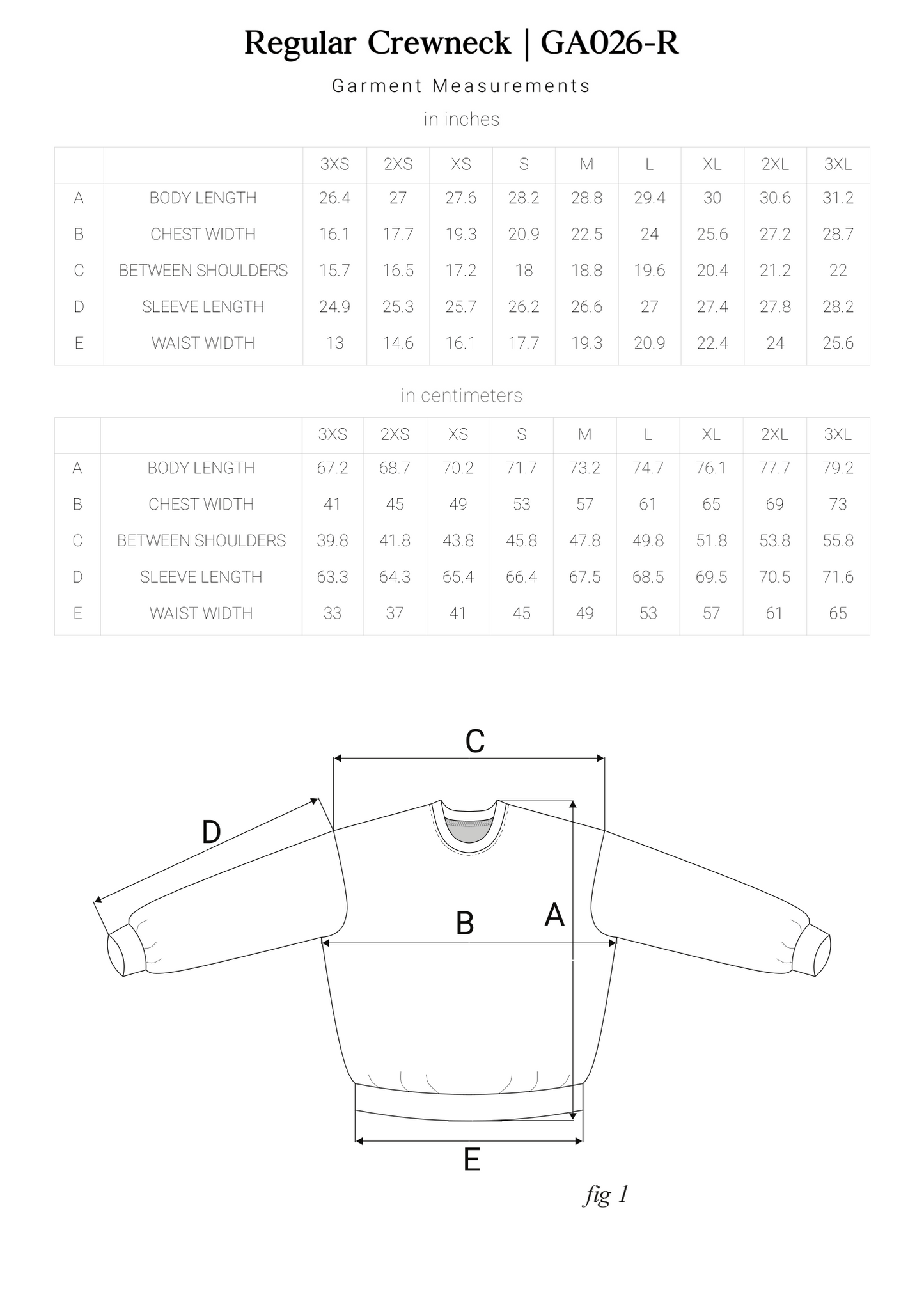 Regular Crewneck Size Chart