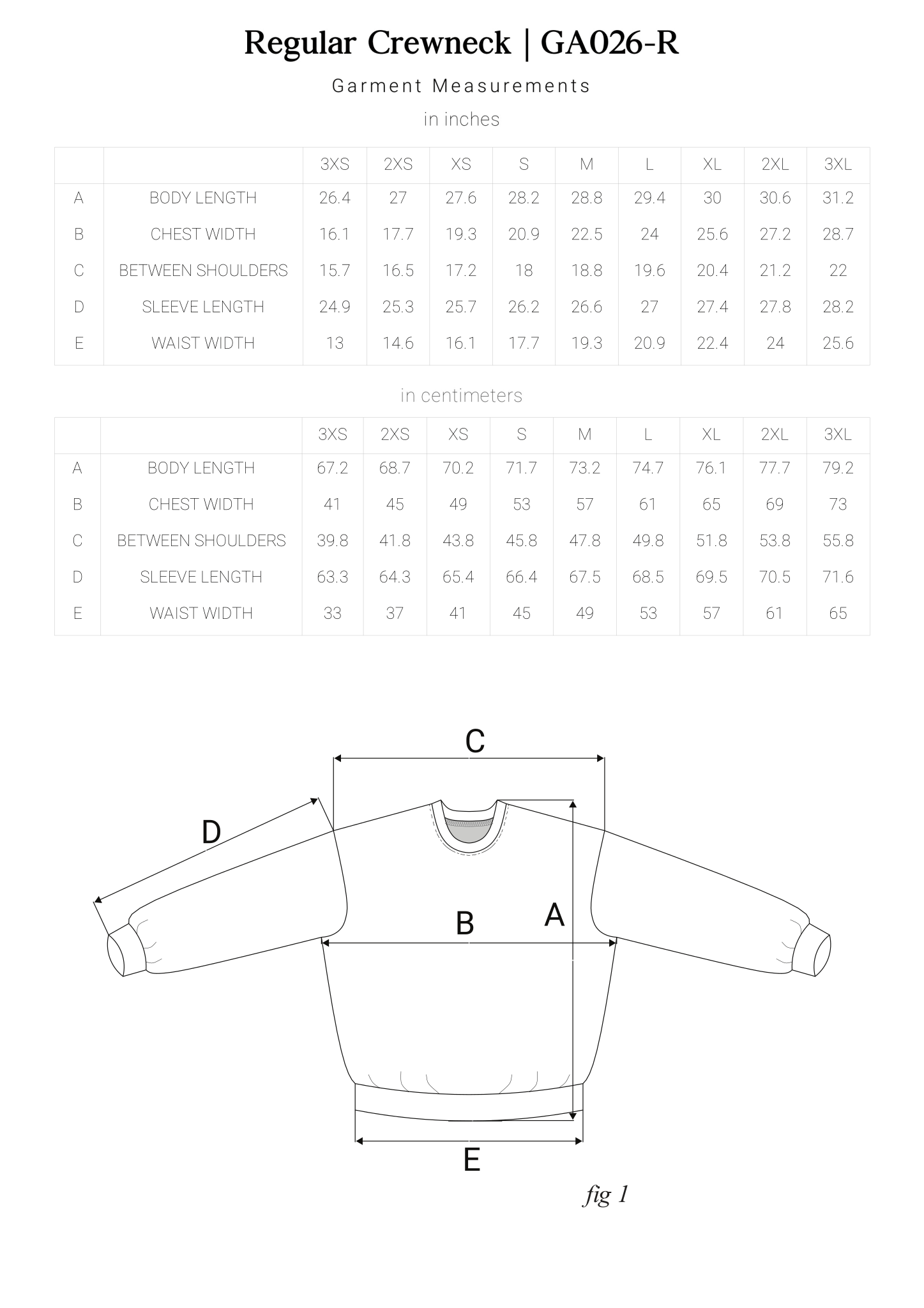 Regular Crewneck Size Chart