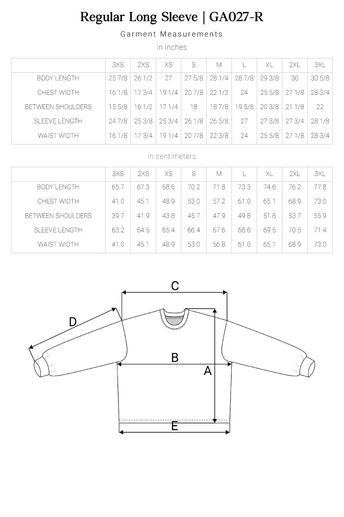 Regular Long Sleeve Sizing Chart